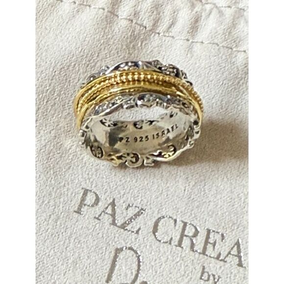 Paz Floral Lace Sterling Silver Spinner Ring 925 8.5g Israel Yellow SZ 11 - Picture 2 of 4